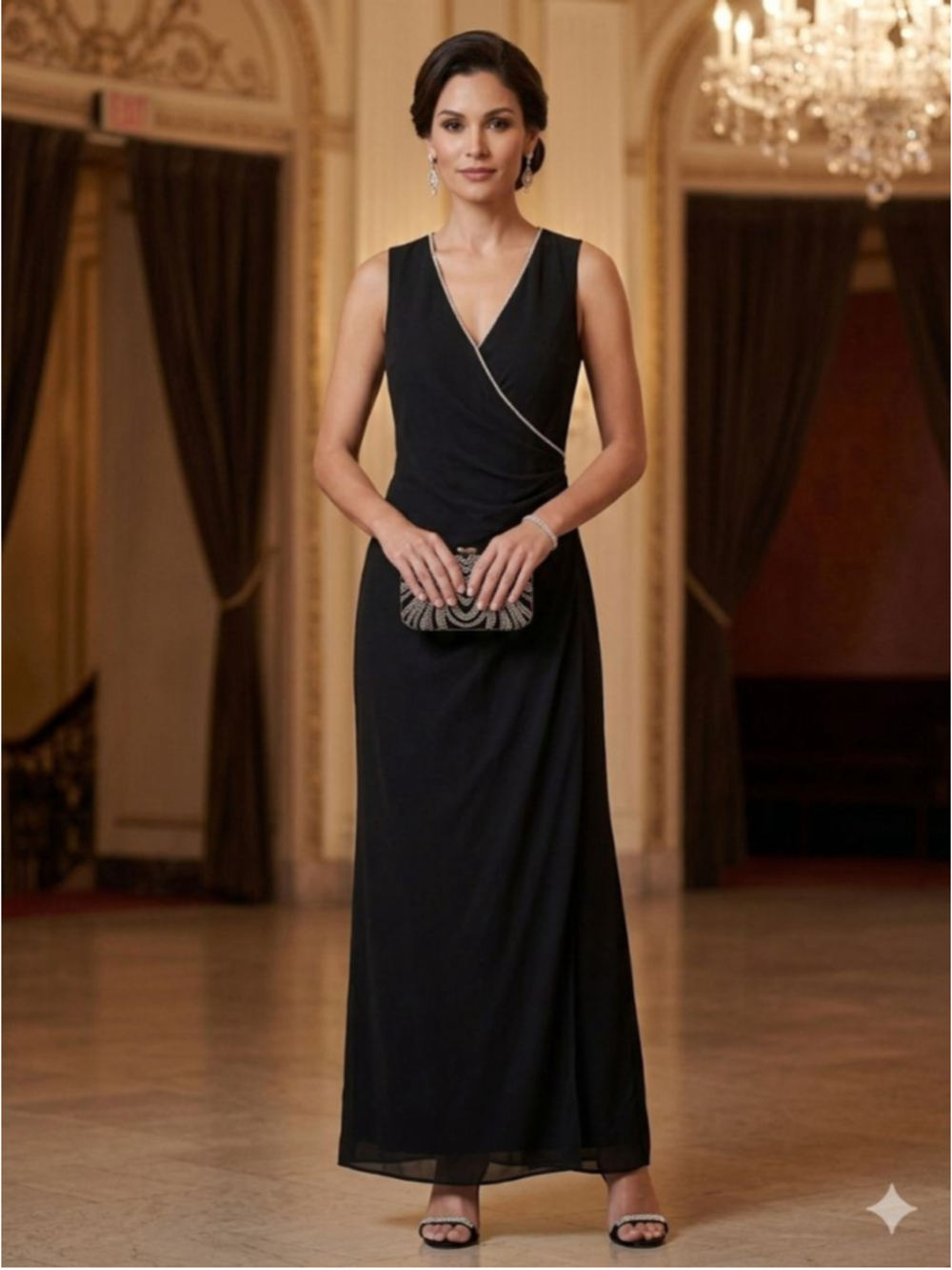 Women's EVER BEAUTY Black Maxi Dress with Silver Embellishments, Size 10